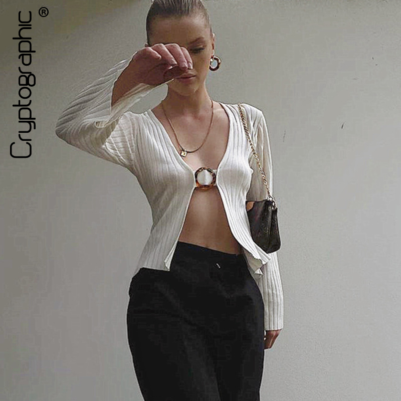 

Chic Fashion Plunge Sexy Top and Blouse Women Flare Sleeve Ribbed Knitted White Tops Blouses Elegant Solid Clothes