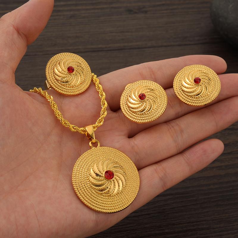 

Earrings & Necklace Ethiopian Red Stone Gold Jewelry Set Classic Fashion Ethiopia Eritrea For Women's Habesha Wedding Party GiftEarrings, As pic