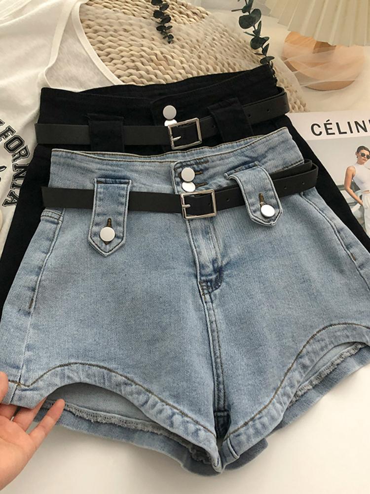 

Women' Shorts Summer Irregular Denim Women Fashion Buttons Wide Leg Jean With Belt Lady Casual Solid Color ShortsWomen, Black