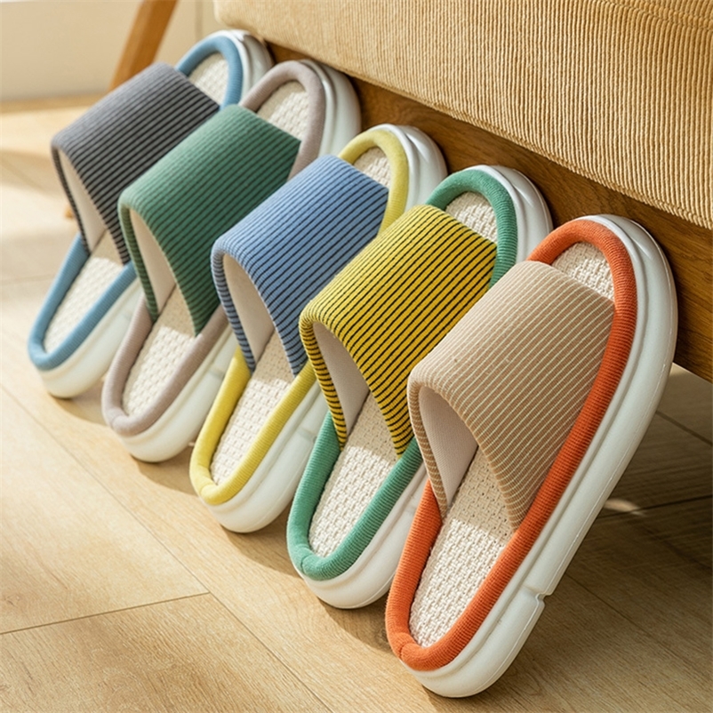 

Thick Sole Simple Linen Ladies Home NonSlip Breathable Floor Mop Mens Slippers Summer 220614, Blue