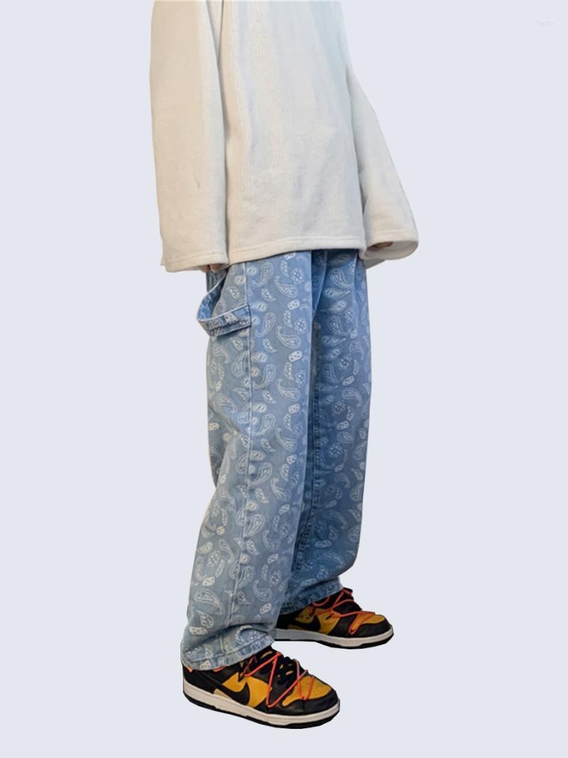 

Men' Jeans Four Seasons Hip Hop Style Cashew Flower Print INS Loose Straight Fit Men' And Women' Streetwear Men JEANSMen, Blue