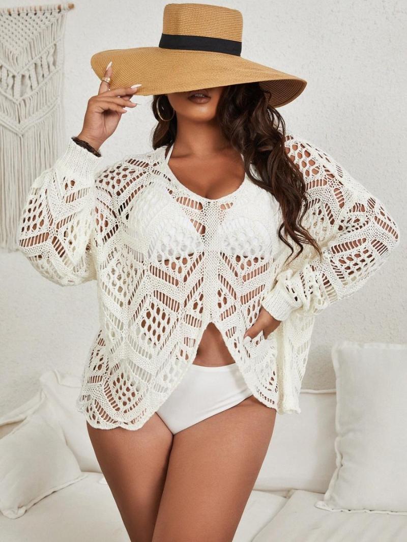 

Women's Plus Size Swimwear Hollow Out Drop Shoulder Cover Up Top Without Bikini 25md#Women's, White