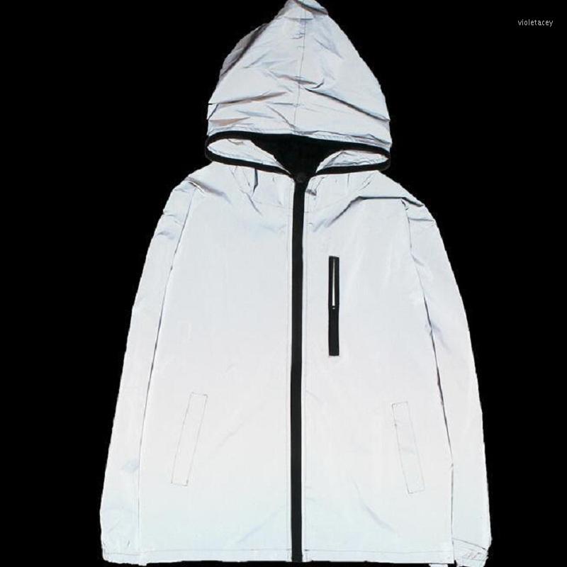 

Men' Trench Coats Full Reflective Jacket Casual Women Windbreaker Hip Hop Hooded Coat Waterproof Printed Streetwear Night Shiny Jackets 5XL, Clear