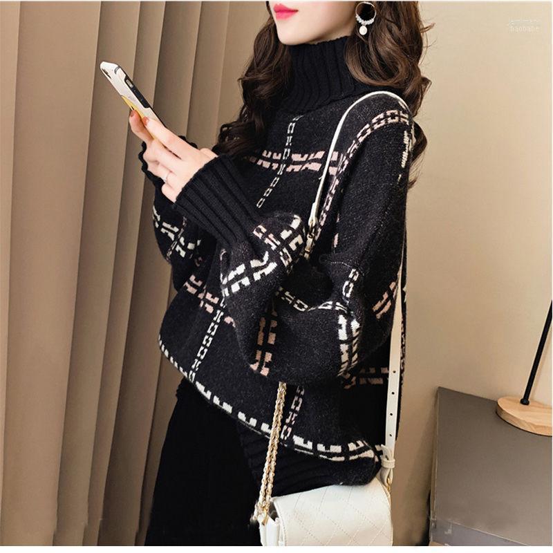 

Women's Sweaters Thick Turtleneck Sweater Women Fall Winter Knitted Pullover Loose Korean Plaid Long-sleeved Bottoming Casual Cotton Jemi22, Black