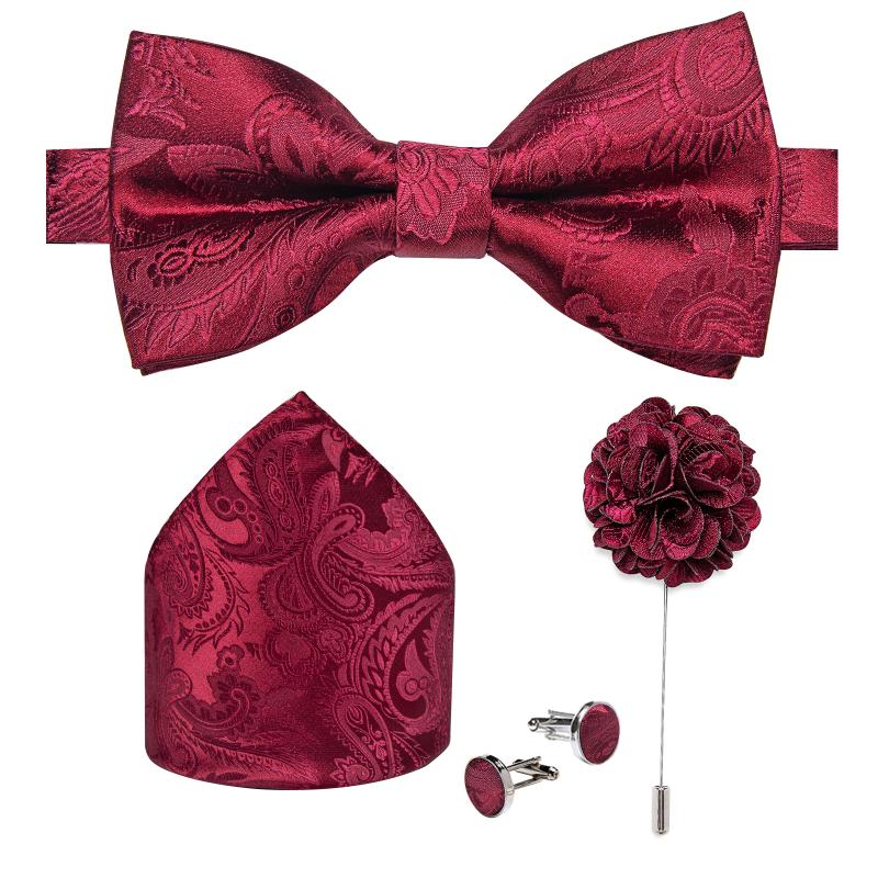 

Bow Ties Wedding Tie For Men Classic Red Pre-tied Bowtie Cufflinks Corsage Set Party Silk Butterfly Knot Gift Man Accessories