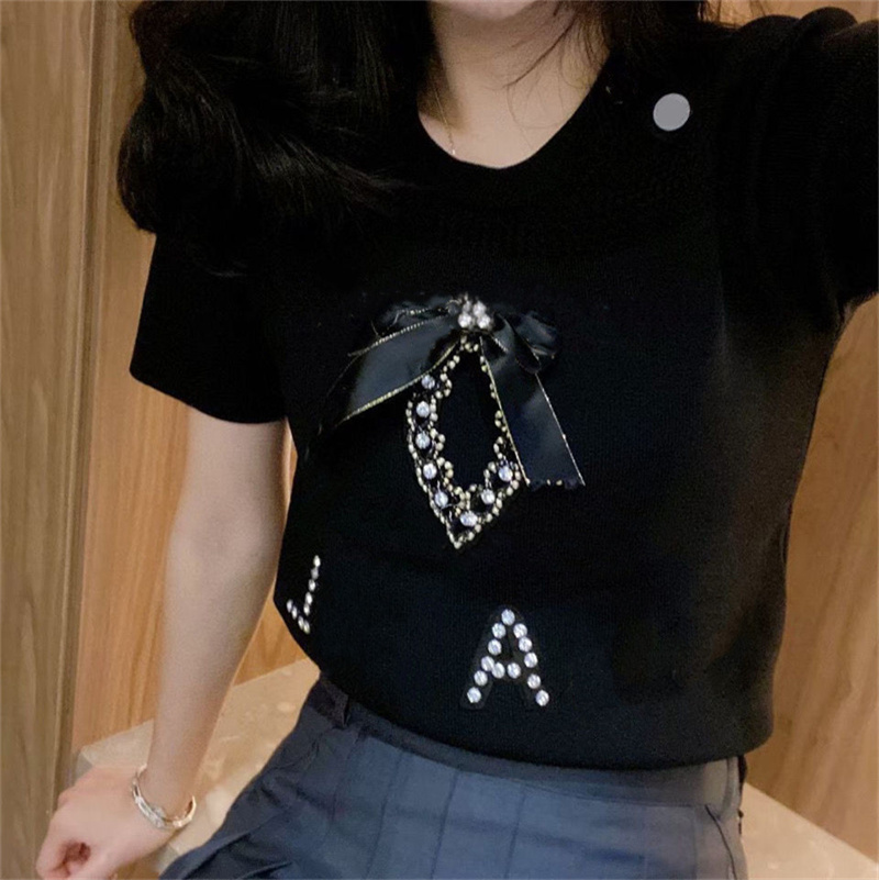 

Women' T-Shirt Summer Printed Letter With DIAMOND Bowknot Knit Short Top Sleeve Lady Knitted Blouse 4 Colros, Extra shipping cost