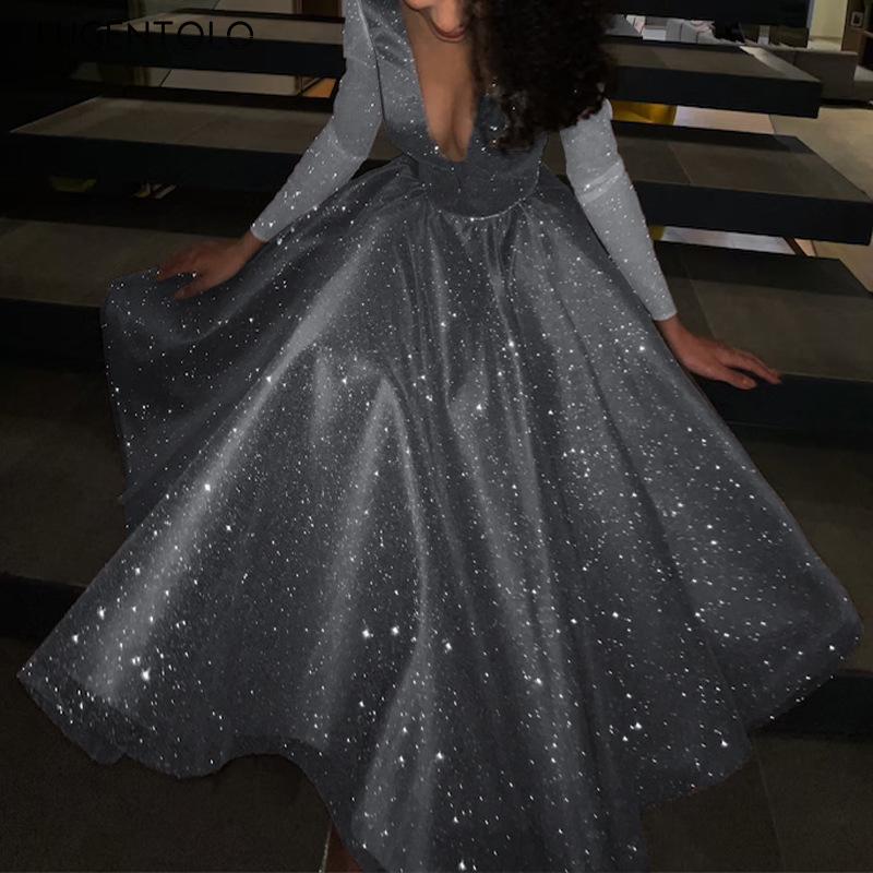 Casual Dresses Princess Dress Long Sleeve V-neck Party Slim Big Swing Female Elegant Shiny Dinner Solid Lugentolo-image-760738827