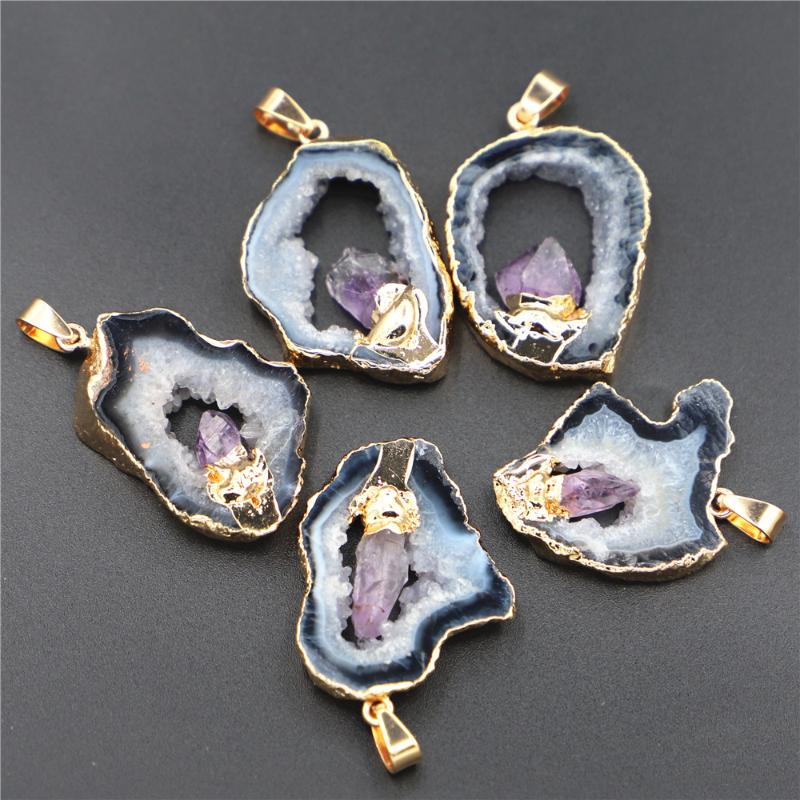 

Pendant Necklaces Geode Black Agates Slice Druzy Pendants Inlaid Natural Amethysts Point Irregular Shape Stone Elegant Quartzs JewelryPendan