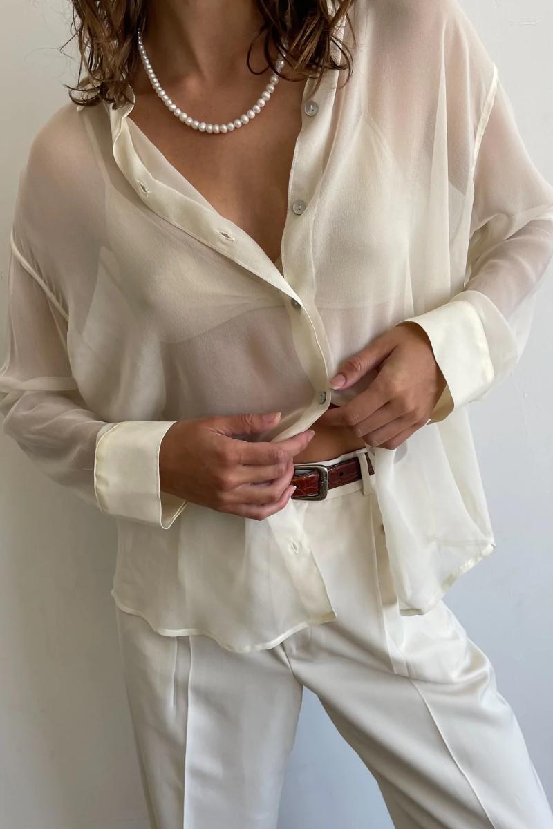 

Women' Blouses & Shirts Sexy See Through Women' Shirt Button-up Mesh Sheer Turn Down Neck Long Sleeve Baggy Casual Tops Cover-up Shirt, Khaki