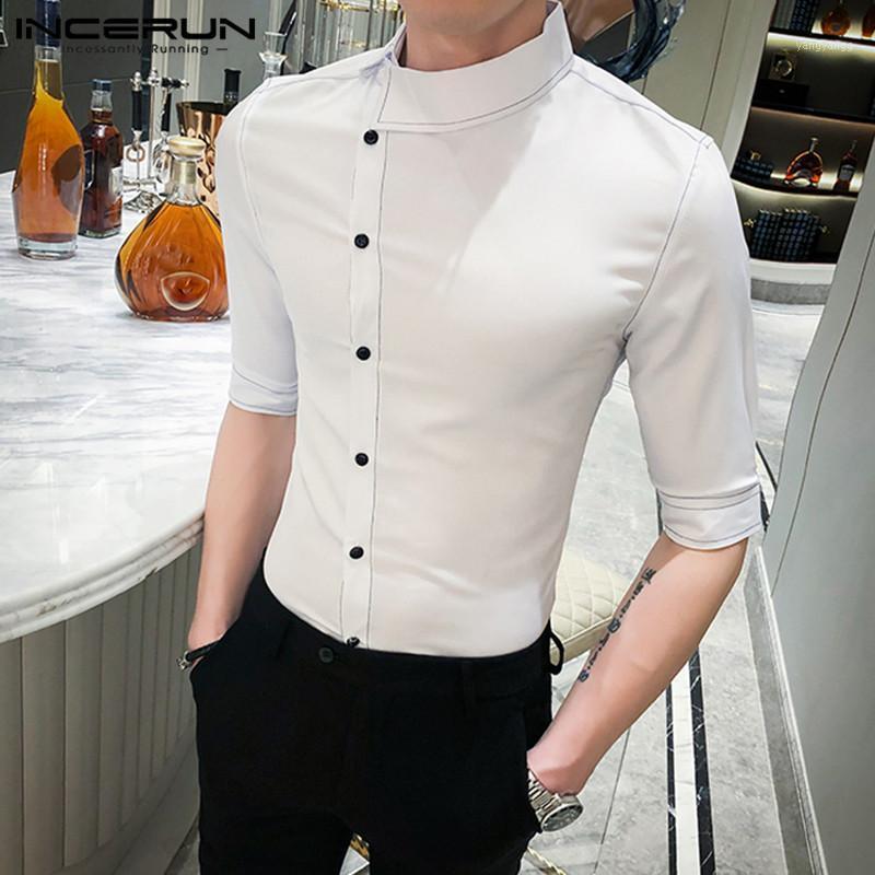 

Men Casual Shirt Streetwear 2022 Irregular Lapel Collar Half Sleeve Button Fashion Brand Shirts Skinny Solid Camisas 5XL Men, Black