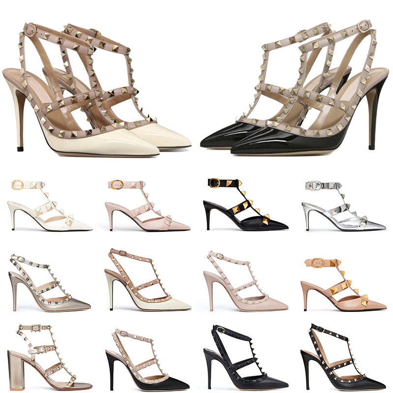 

2022 designer women high heels dress shoes patent leather rivets pointed toe Peep-toes sandals sexy stiletto heel luxurys lady matte rockstud rivets pumps, 20