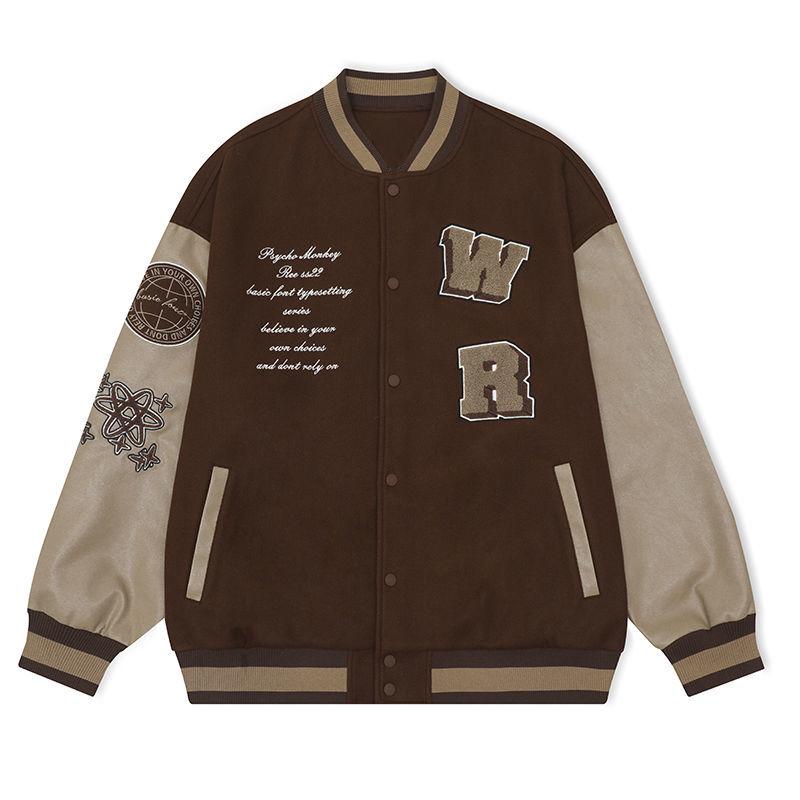 

Men's Jackets Vintage Letter Embroidery Baseball Uniform Men Hip Hop Bomber Jacket Fashion High Street Oversize Loose Varsity Outwear, Brown