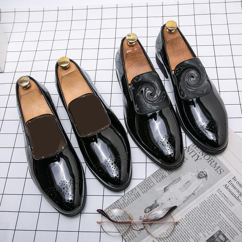 

Loafers Men Shoes Pu Leather Metal Print Color Slip on Round Head Flat Bottom Casual Business Chaussure Homeme DP240-1, Black