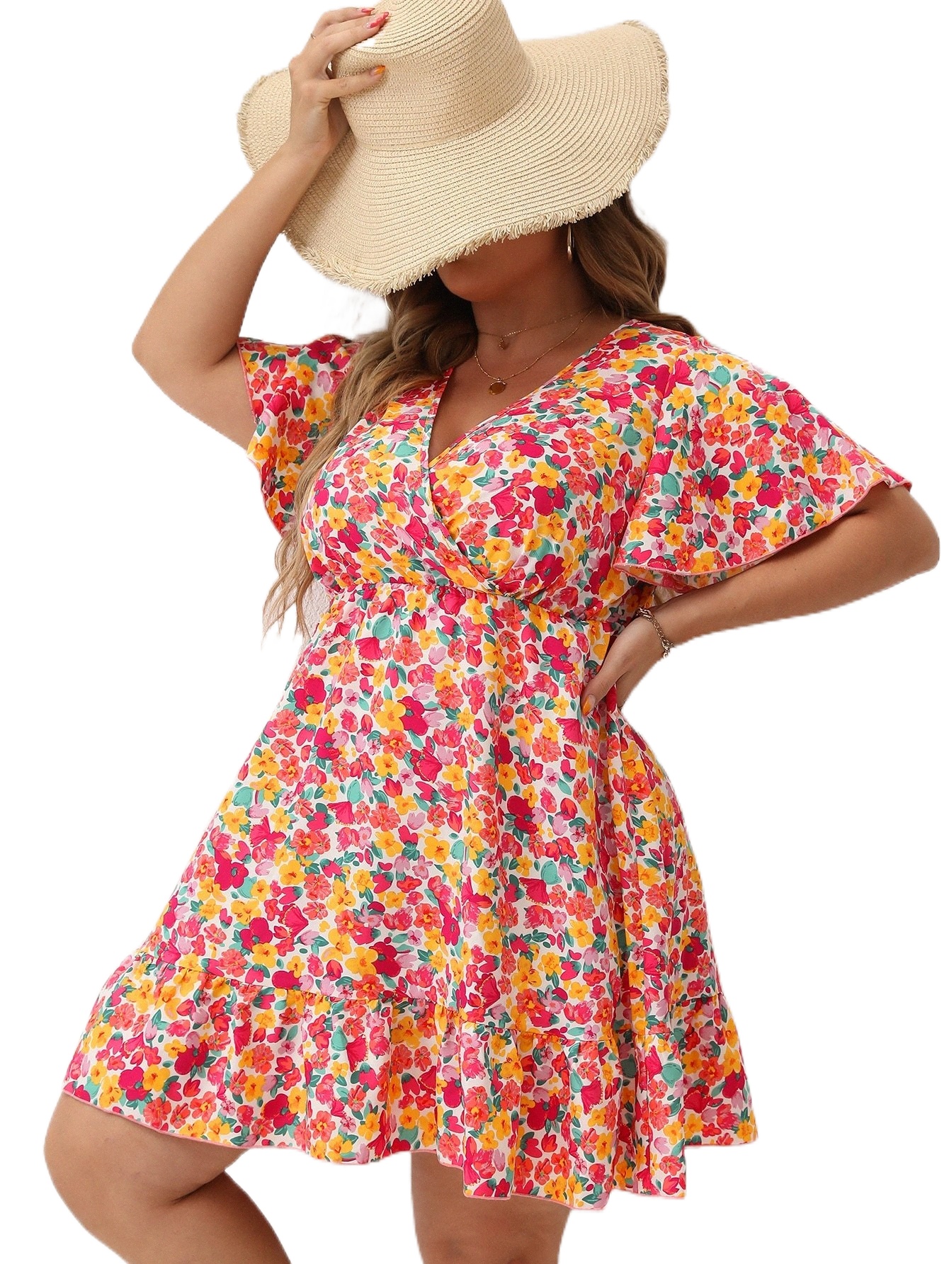 

Plus size Dresses Allover Floral Print Flutter Sleeve Overlap Collar Ruffle Hem Dress Y581#, Blue
