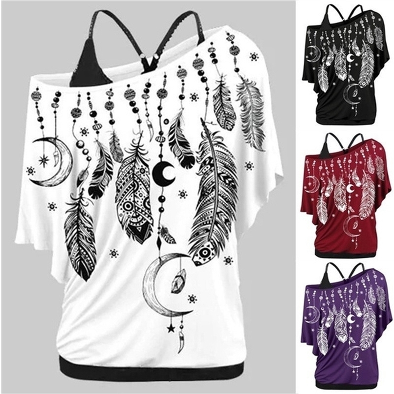 

Women Shirts Blouses Summer Feather Print One Shoulder Top Casual Ladies Sexy Tops Skew Neck Shirts Blouse 220419, Bs