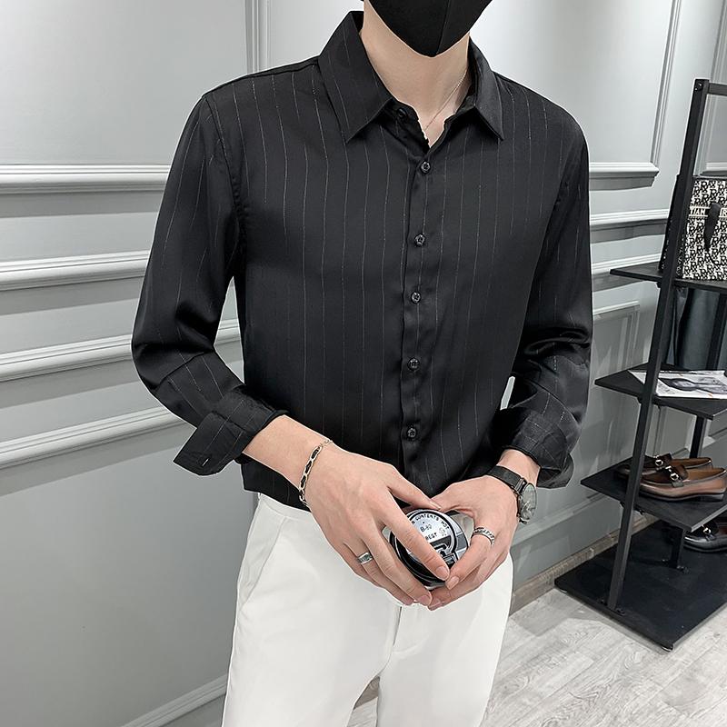 

Men's Casual Shirts Black/White Spring Slim Fit Long Sleeve Men Dress Striped Simple Business Formal Wear Camisas De Hombre 3XL-MMen's