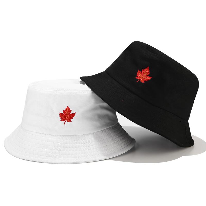 

Berets Leaf Embroidery Bucket Hat Protection Sun Maple Foldable Cap Panama Packable Cotton Fisherman For Men And Women, White