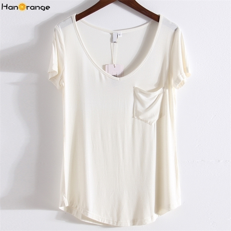 

Women's T Shirt HanOrange Modal Plus Size Pocket Summer Short Sleeve Loose Women V-neck Pure Color Soft Black Gray White Beige 220402