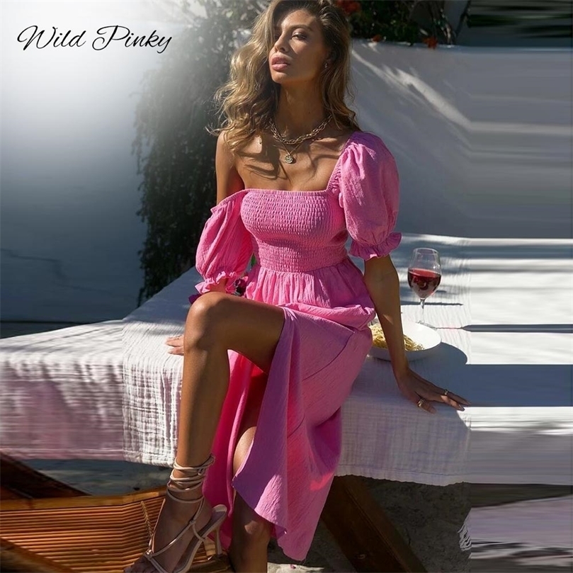 

WildPinky Summer Sexy Long Women Dress Solid Backless Club Slash Neck Female Puff Sleeve Ladies Split Party Vestidos 220527, Lavender