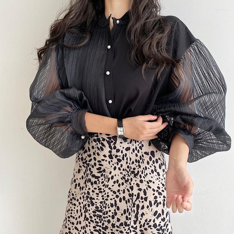 

Women's Blouses & Shirts Korean Spring Women's Black White Shirt Patchwork Perspective Mesh Lantern Sleeve Blouse Tops Camisa Ruffles Cl