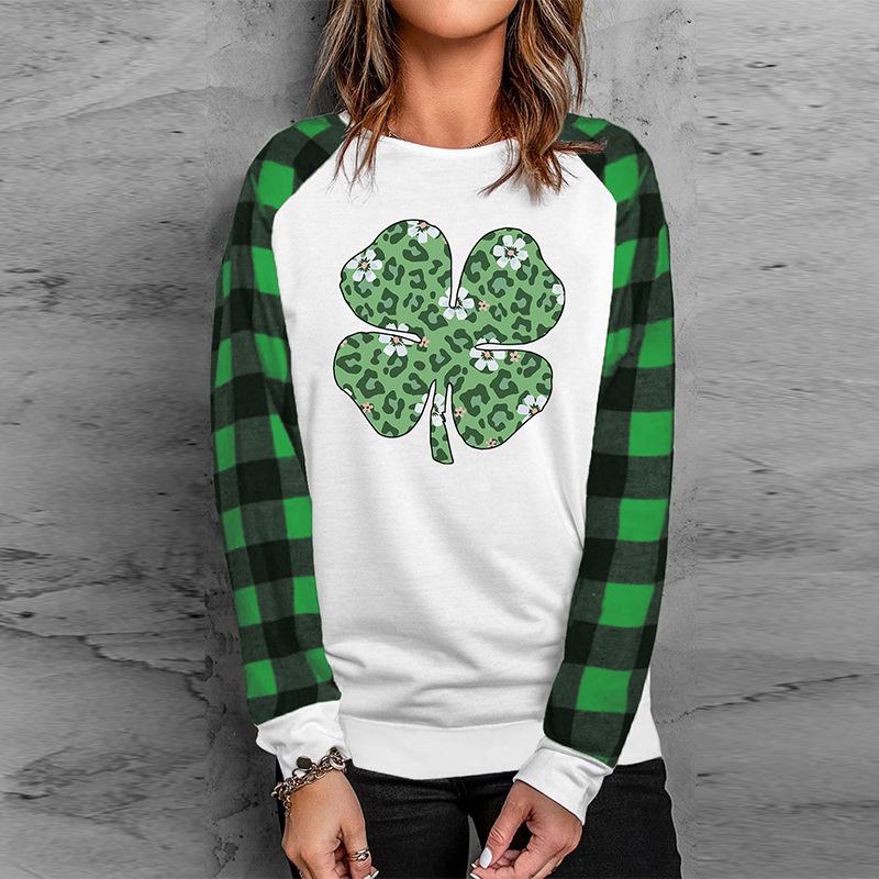 

Women's T-Shirt Women Leopard Floral Gnome Clover Printed Plaid Stitching Long Sleeve Top Sweatshirt Hoodie Kawaii LADY Clothes T SHIRTWomen, Bec12027-green