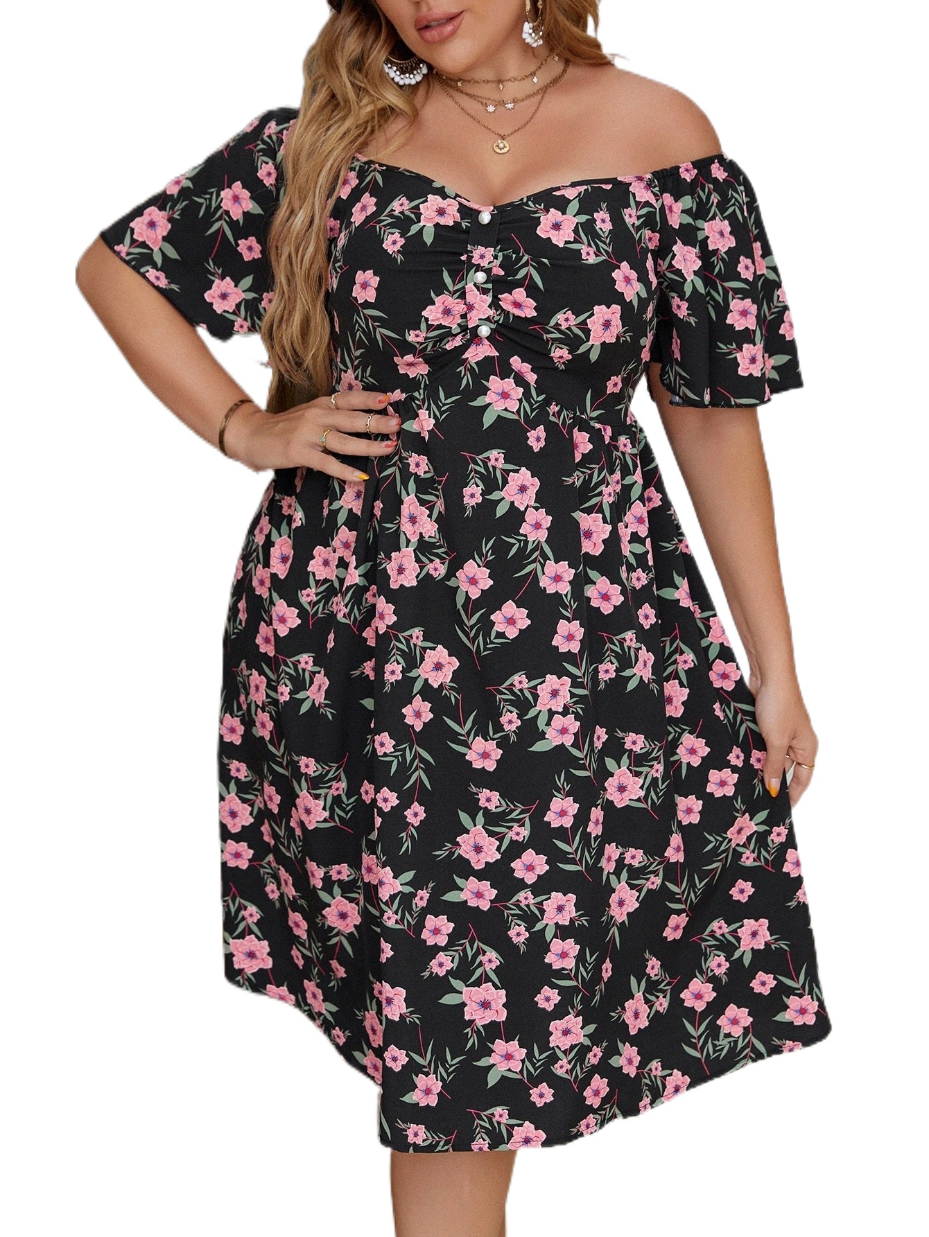 

plus Allover Floral Print Off Shoulder Fake Button Flutter Sleeve Dress w8e1#, Black