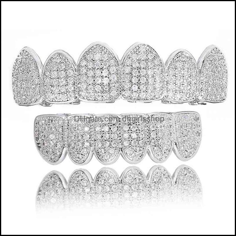 

Toe Rings Body Jewelry Hip Hop Cubic Zircon Teeth Grillz Top Bottom Grills Dental Mouth Punk Tooth Caps Cosplay Rapper Dh2Ps