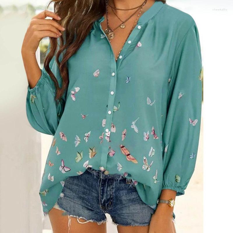 

Women' Blouses & Shirts Butterfly Printed V Neck Women Spring Autumn Long Sleeve For Tops Casual Loose Vintage Blouse BlusasWomen' Chee22, Green