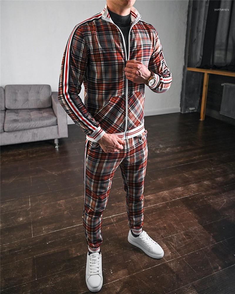 Hommes survêtements hommes ensembles mode vestes hommes survêtement 2023 automne coloré Plaid décontracté fermeture éclair ensemble mâle sweat po