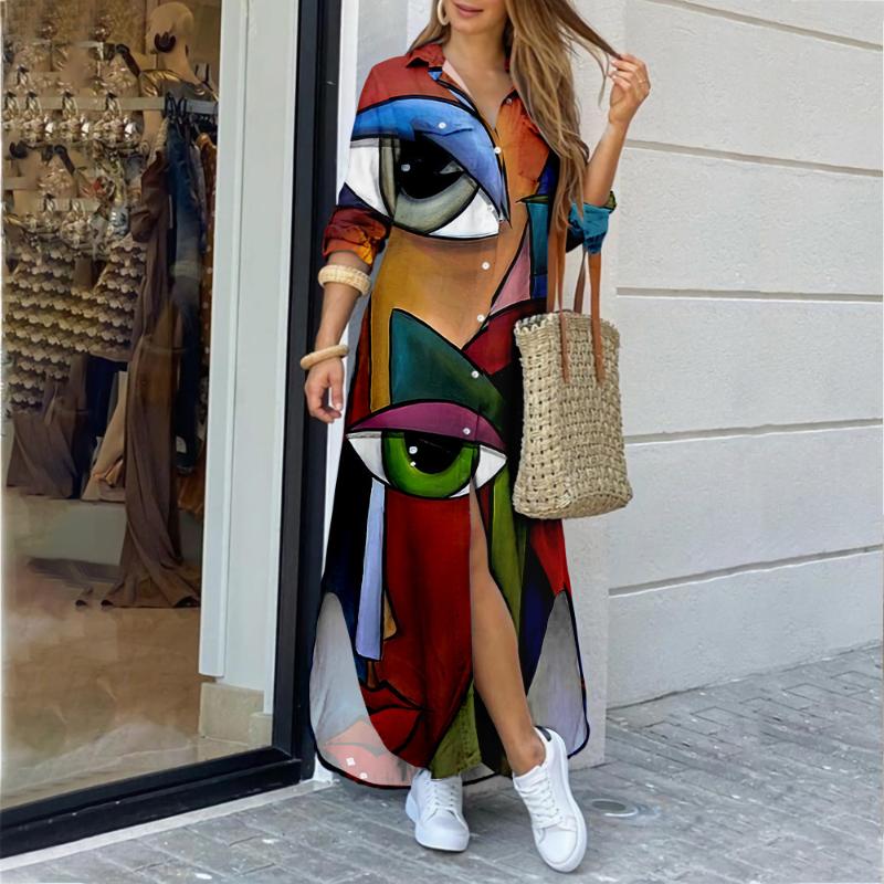 

Casual Dresses Fashion Loose Party Dress Long Sleeve Spring Women Elegant Eye Print Single Breasted Shirt DressCasual