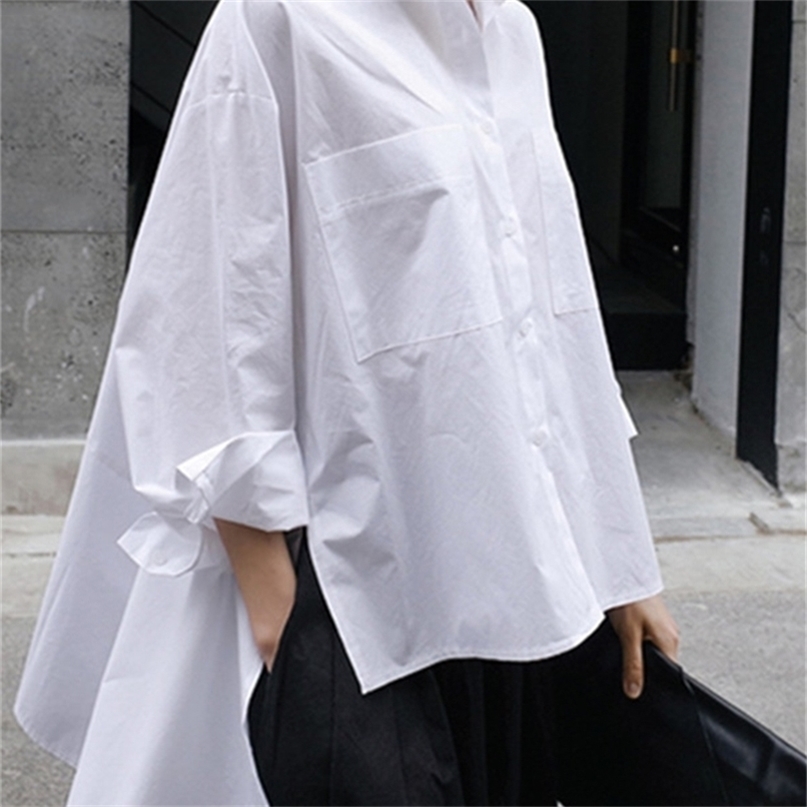 

[EAM] Spring Autumn Lapel Long Sleeve White Back Long Loose Big Size Irregular Shirt Women Blouse Fashion JU847 220419