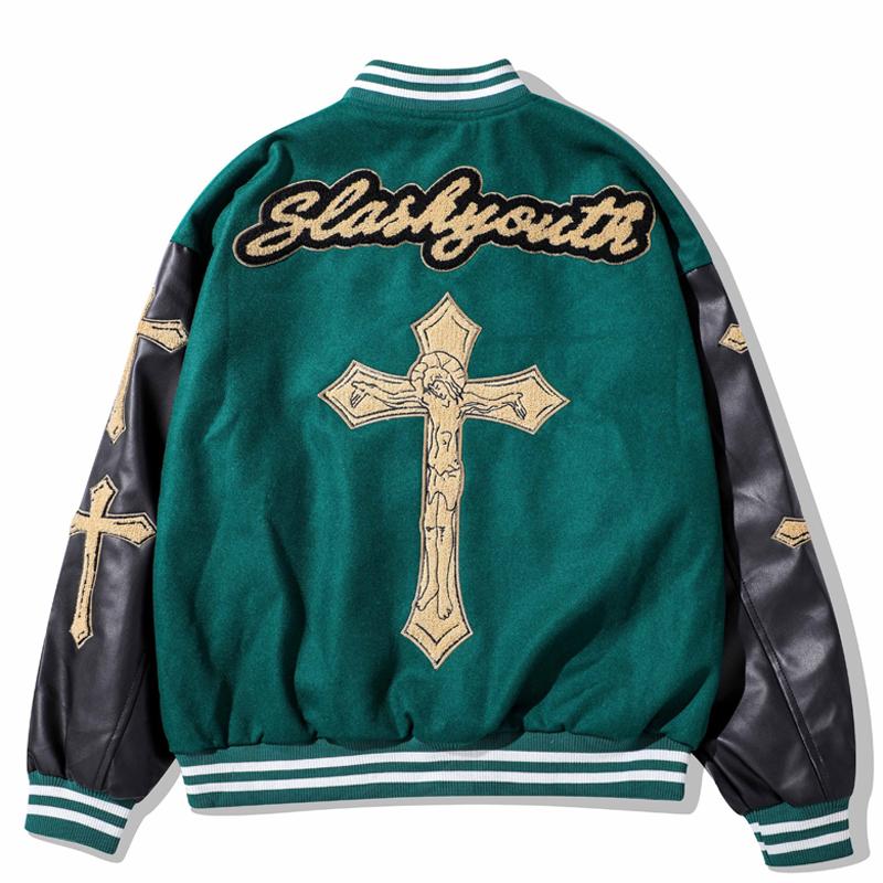 

Men's Jackets American Hip-hop Flocking Cross Embroidery Varsity Jacket Men Street PU Leather Stitching Bomber Couple Baseball UniformMen's, Green