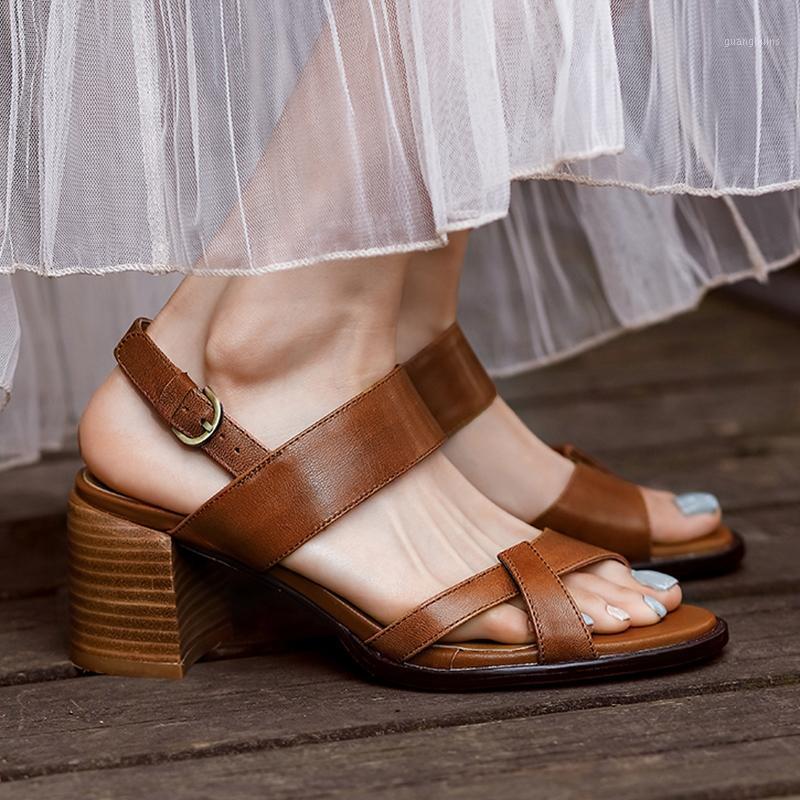 

Sandals Women Shoes Genuine Leather High Heel Buckle Thick Square Toe Sheep Skin Lady Footwear Black