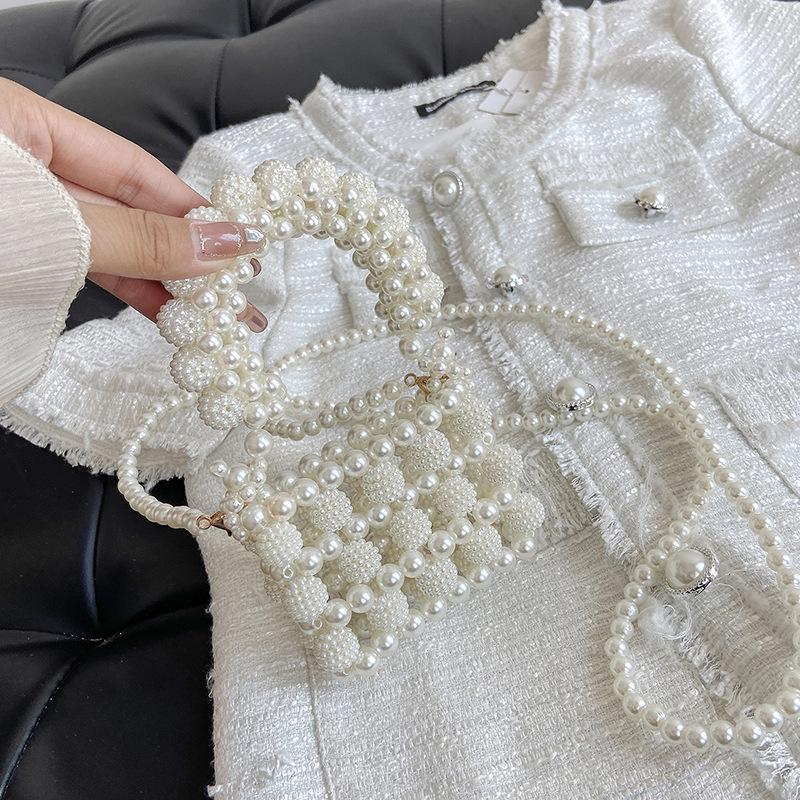

Evening Bags Luxury Hollow Beaded Woven Crossbody For Women Mini Beading Pearls Bag Handbags 2022 Sling Small Party Purses, Creamy-white