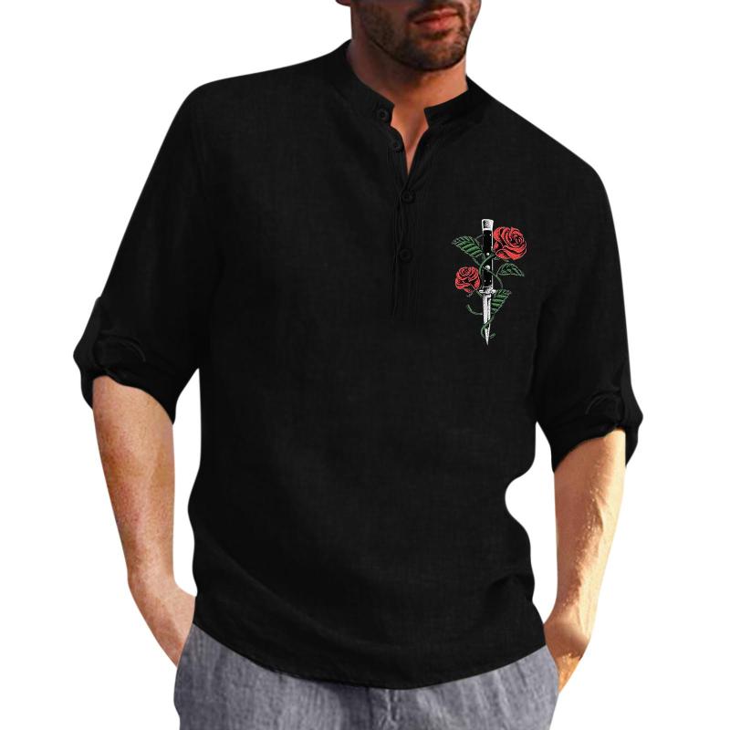 

Men's Casual Shirts Thick Cotton T For Men Shirt Collar Linen Print Fashion Top Blouse Loose Long Sleeve Button White ShirtMen's, Beige