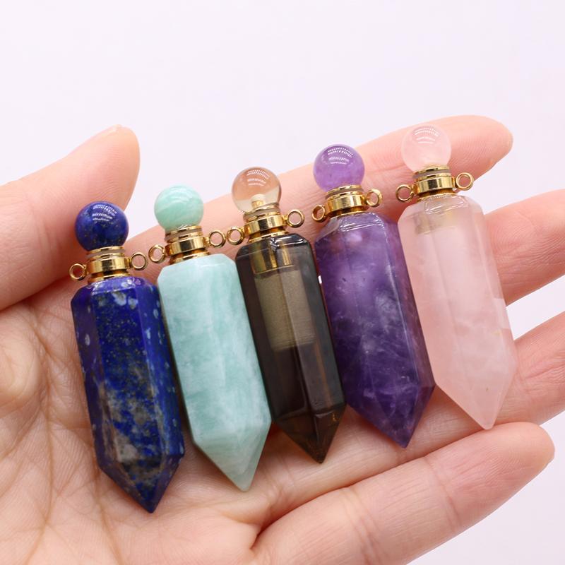 

Pendant Necklaces Natural Crystal Column Perfume Bottle Charm Reiki Rose Quartz Essential Oil Diffuser DIY Jewelry Accessories 1PCPendant