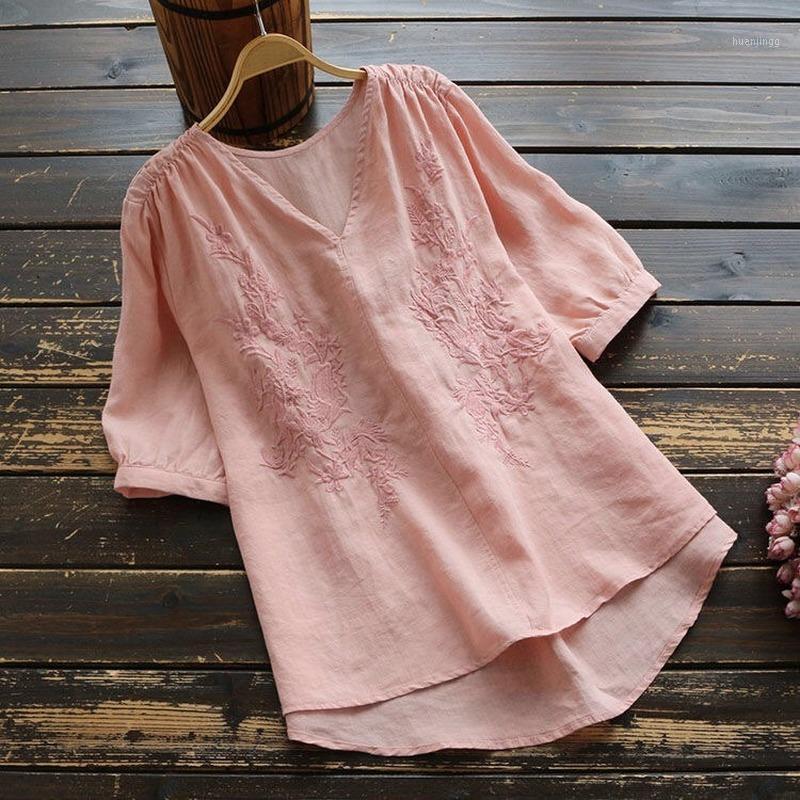 

Women's Blouses & Shirts 2022 Spring Summer Retro Embroidery Shirt Women Short Sleeve Loose V Neck Top, Pink