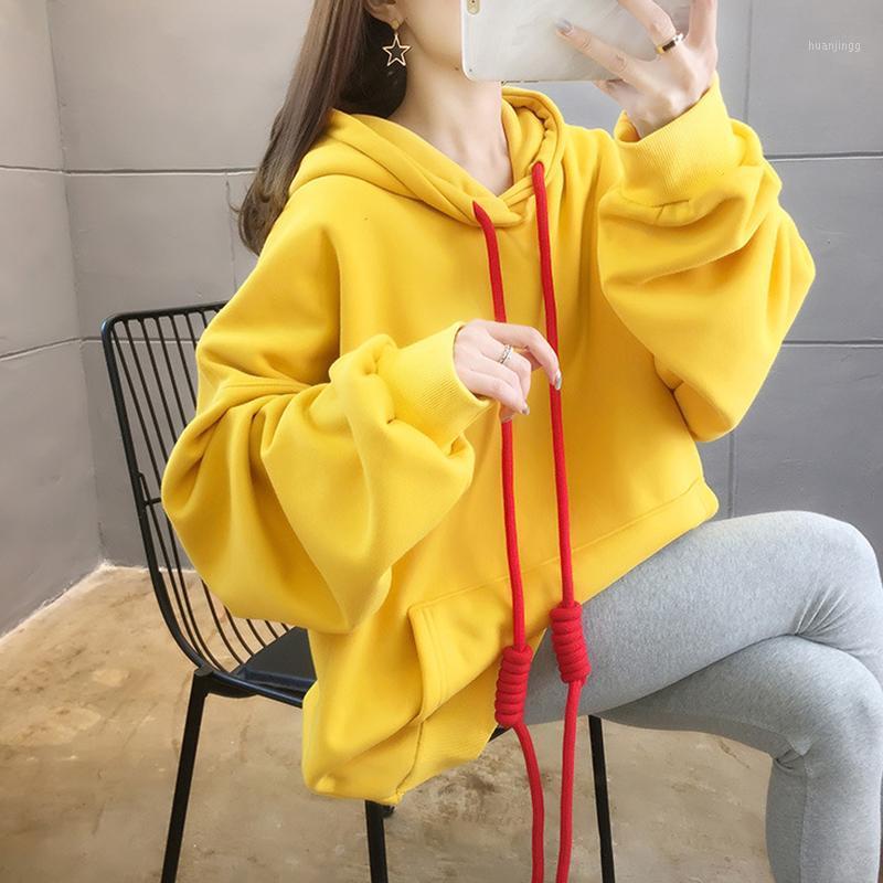 

Female Winter Solid Colour Plus Velvet Basic Hoodies For Women 2022 Casual Fashion Sweatshirt Korea Long Sleeve Top Women's & Sweatshirts, Yellow