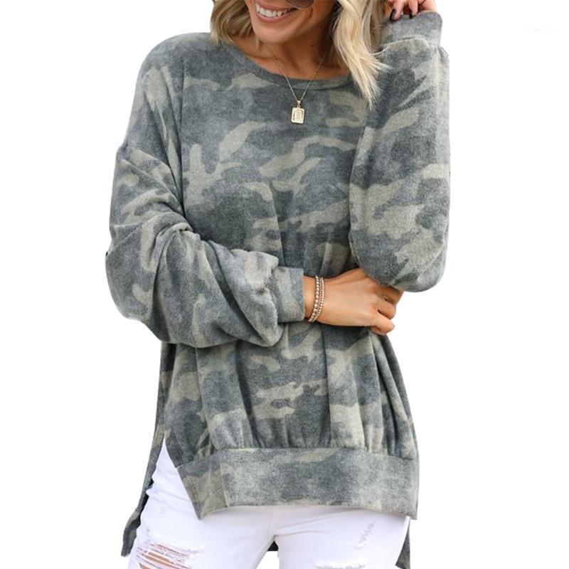 

Women Long Sleeve O-Neck Sweatshirt Camouflage Side Slit High Low Hem Tunic Tops BX0B Women' Hoodies & Sweatshirts, As pic