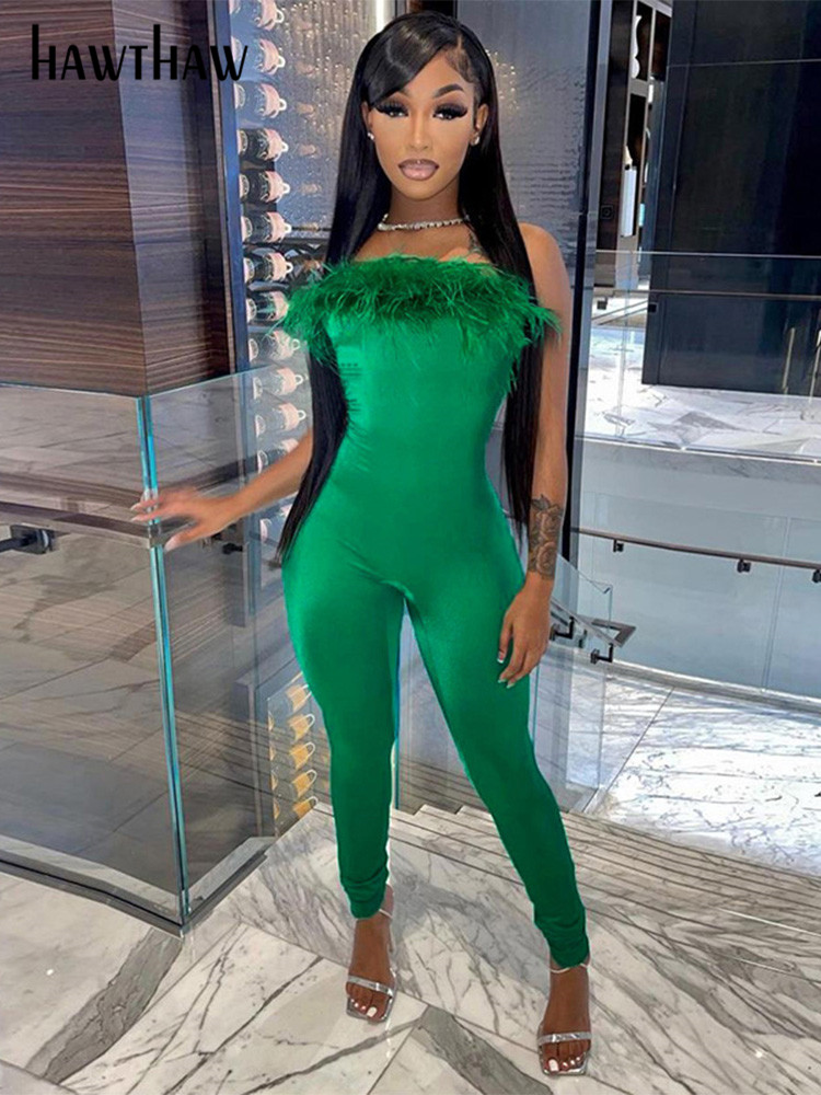 

Hawthaw Women Fashion Strapless Sleeveless Party Club Fur Jumpsuit Overall One Piece Outfit 2022 Summer Clothes Wholesale Items, Green