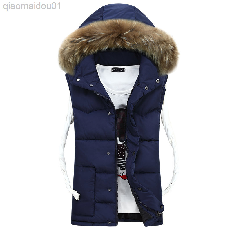 

New men winter vest fur collar sleeveless zipper jacket winter vest spout overcoat drop shipping L220726, Black