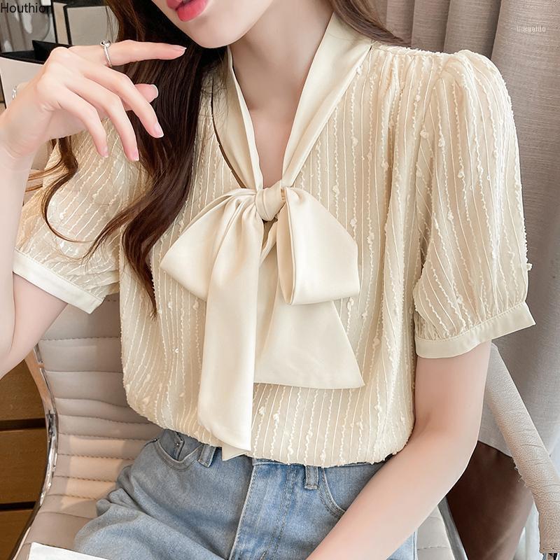 

Women' Blouses & Shirts Chiffon Short-sleeved Blouse V-neck Korean Tops Bow Comfortable Fashion Casual Shirt Houthion, White