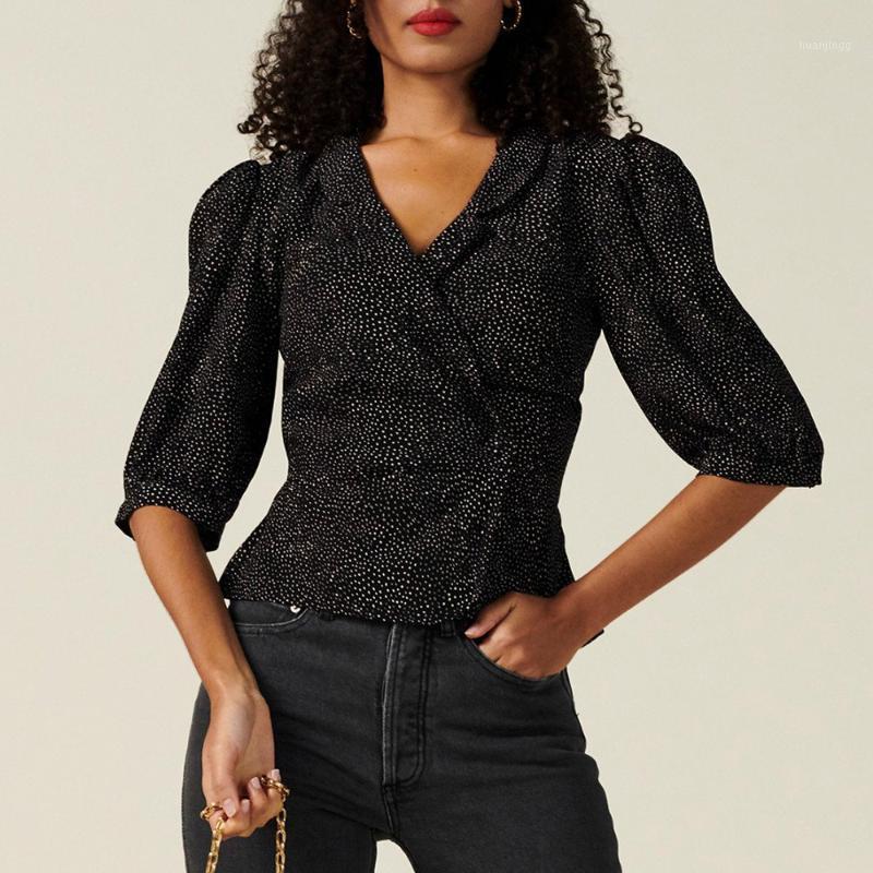 

Women Blouses 2022 Office Lady Elegant Lapel V Neck Buttoned Wrap Blouse Summer Puff Sleeve Polka Dot Vintage Tops Women' & Shirts, Black