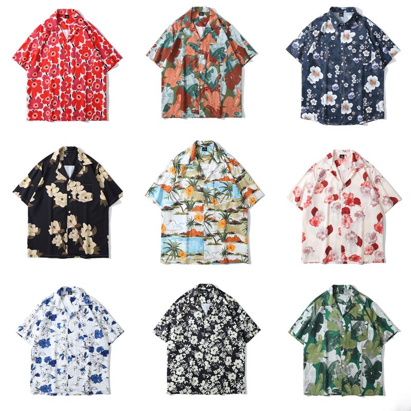 

Men's Casual Shirts Hong Kong Style Floral Shirt Men's Clothing Retro Short Sleeve Loose Beach Ruffle Handsome Couple Hawaii Printed Shi, X669 white
