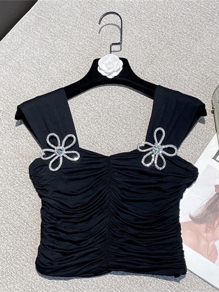 

Women' Tanks & Camis 2022 Summer Arrivals Sleeveless Rhinestone Flower Sexy Black Slim Pleated Tank Top Women Vest GF127Women