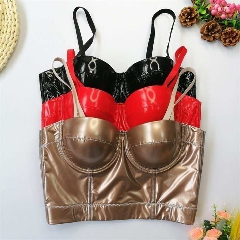 

Women' Sexy Lingerie Camisole Black Glossy Soft Faux Leather PU Underwear Push up Bra Crop Tops Nightclub Party Rave Costume 220318