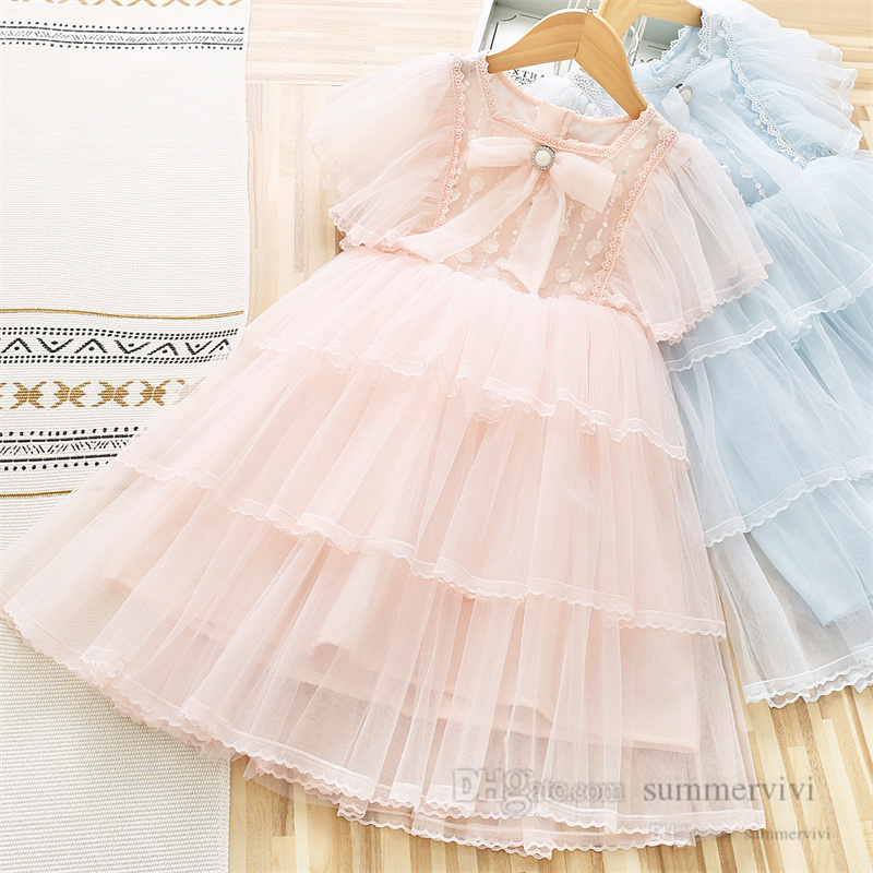 

Children tiered lace tulle cake dresses girls pearls Bows tie sequins gauze princess dress 2022 summer kids birthday party clothes Q5429, Pink