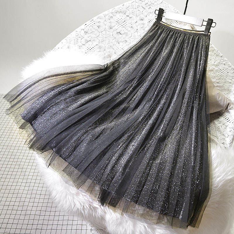 

Skirts Women's Skirt 2022 Autumn And Winter Yarn High Waist Long Medium Length Pleated Sequin Mesh, Gold