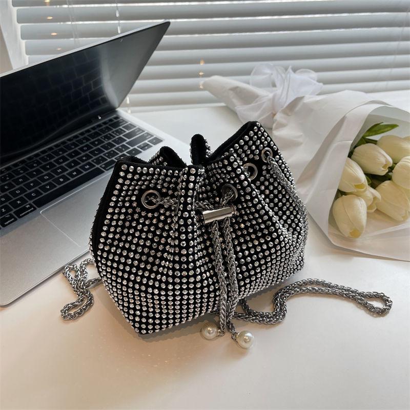 

Evening Bags Women Bucket Bag Diamond Sequin Wedding Clutch Purse Handbag Party Banquet Black Gold Silver Two Chain Shoulder BagEvening