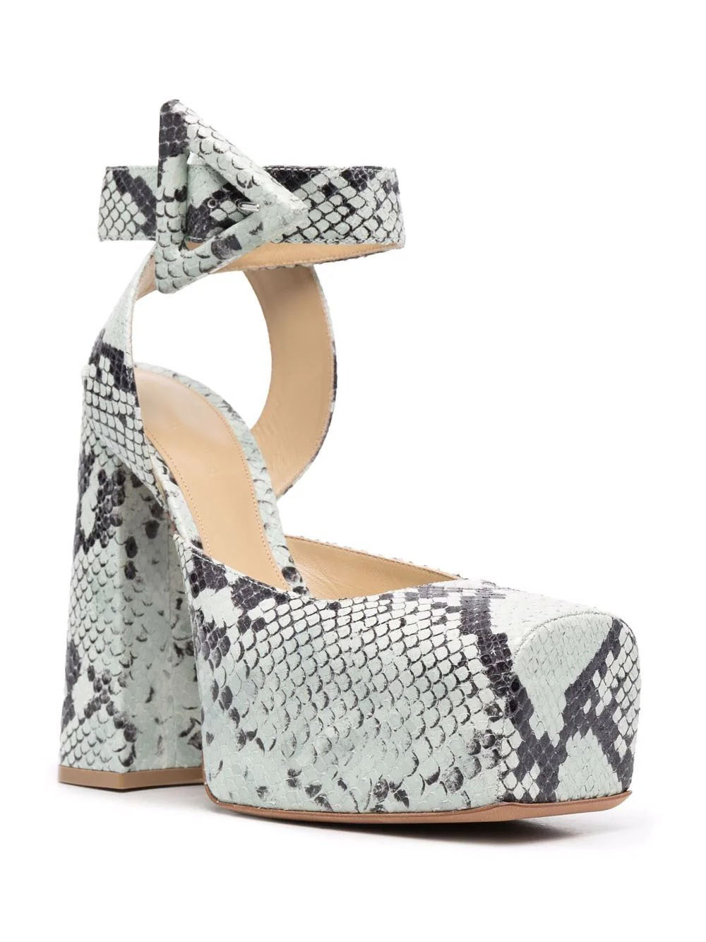 

Fashion -5A Ladies Snakeskin Print High Heel Sandals Square Toe Side Buckle Leather Waterproof Platform Bottom Beach Travel Banquet, Grey